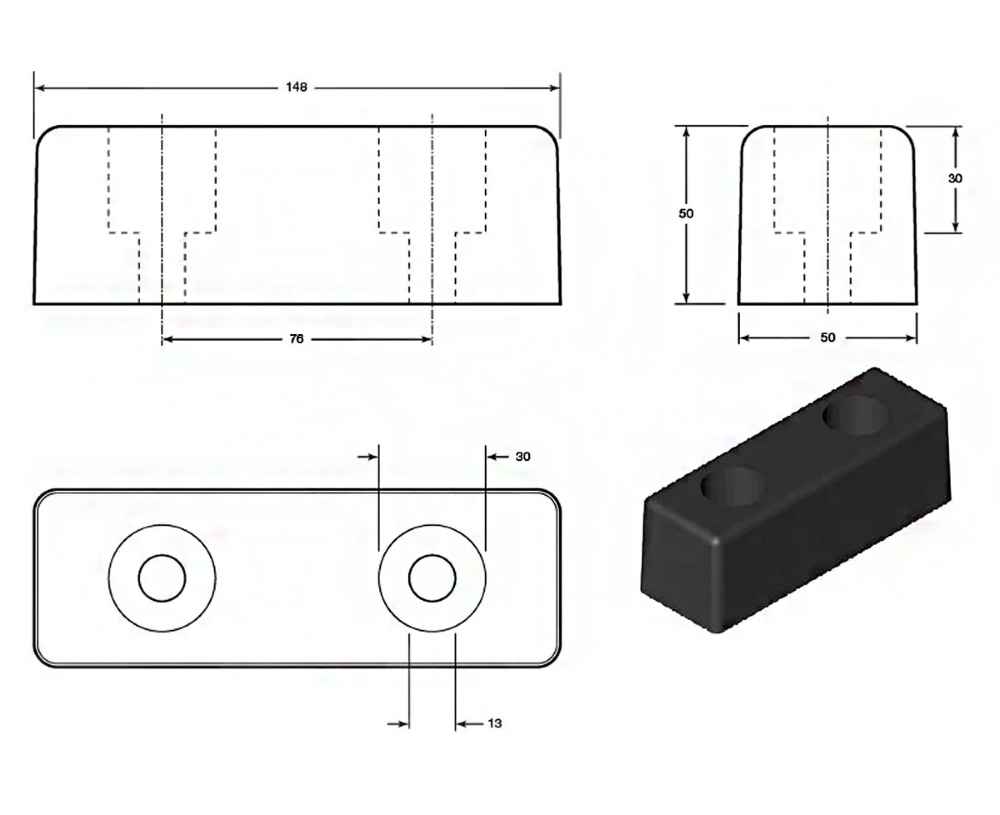 Rectangular HGV Bumper - 148 x 50 x 50mm