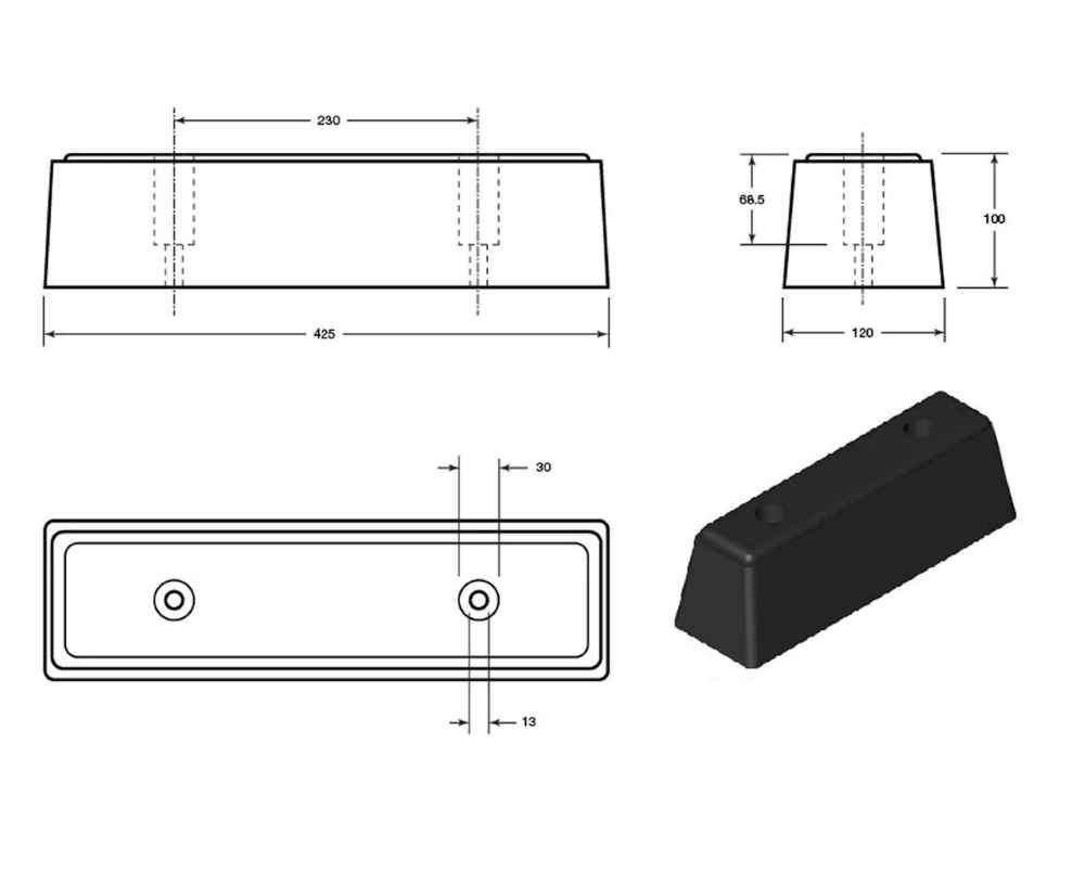 Rectangular Rubber HGV Bumper – 425 x 120 x 100mm | Heavy Duty Sacrificial Impact Protection for Lorries & Loading Docks