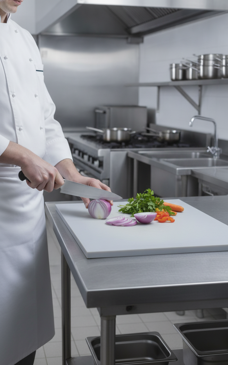 Light grey HDPE Sheet (Natural PE300) used as food-safe chopping board surface in professional UK commercial kitchen