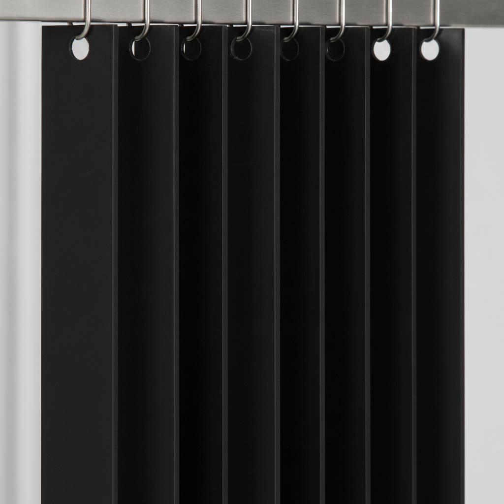 Close-up of solid black PVC strip curtain material and stainless steel hook-on rail system
