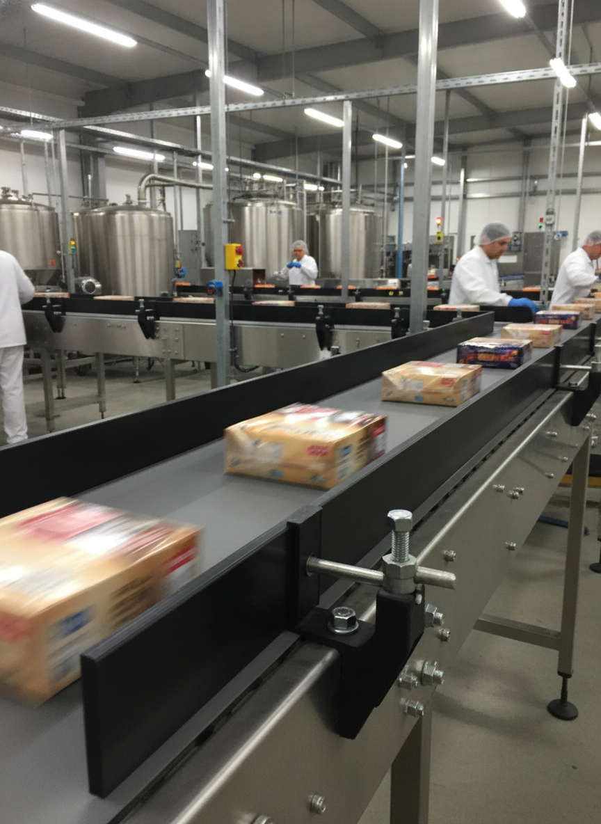 Black HDPE Sheet PE300 as conveyor wear strip and guide rail in UK industrial manufacturing facility