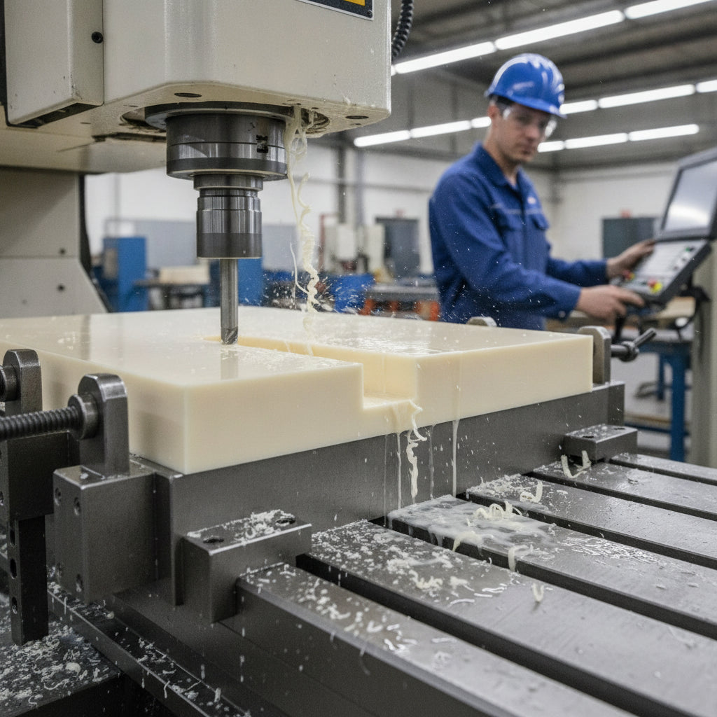 Nylon 6 sheet being CNC machined in engineering workshop