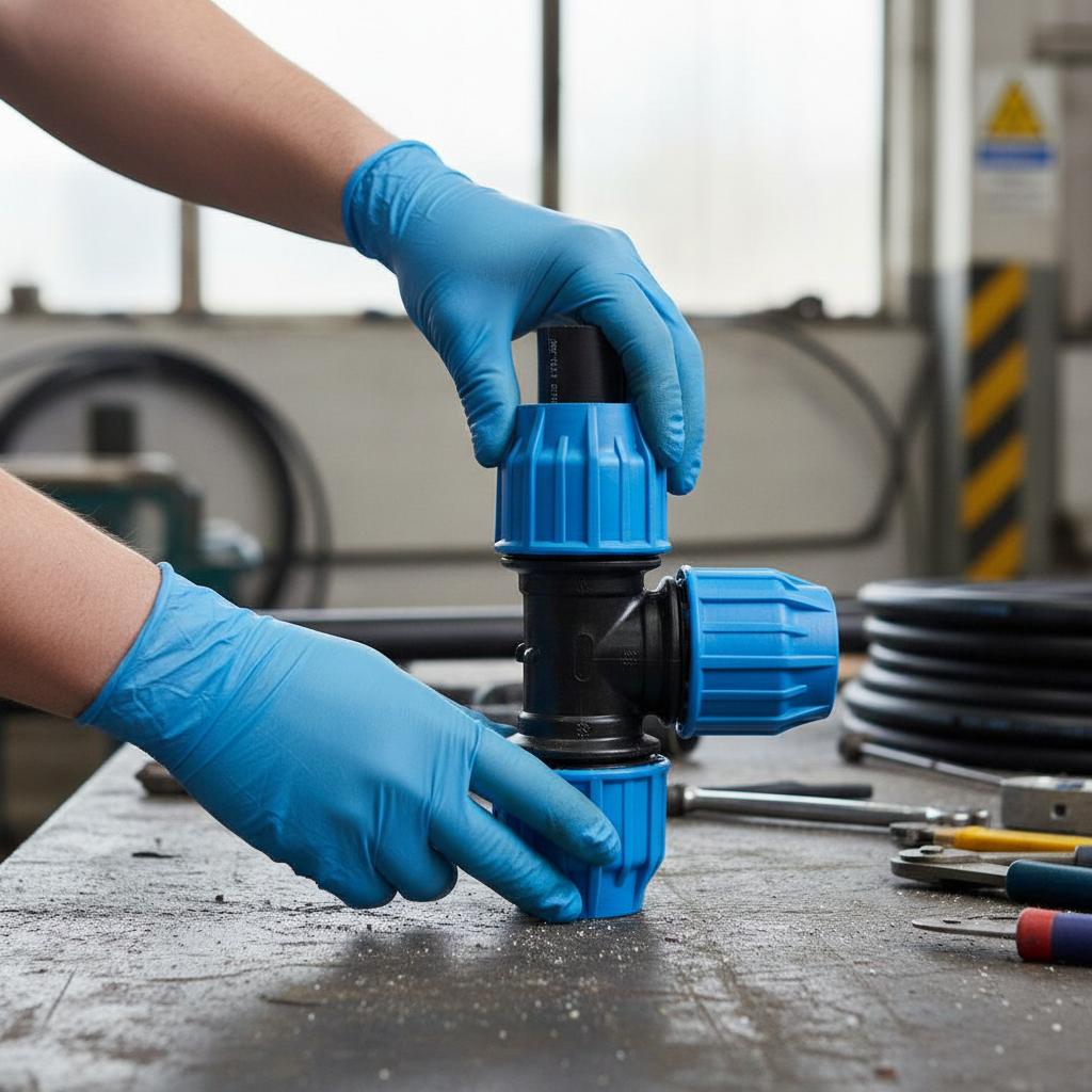 Premium 90° Compression Tee Fitting for Polyethylene and PPR Pipes - Ideal for Irrigation, Water Distribution, and Fire-Fighting Systems