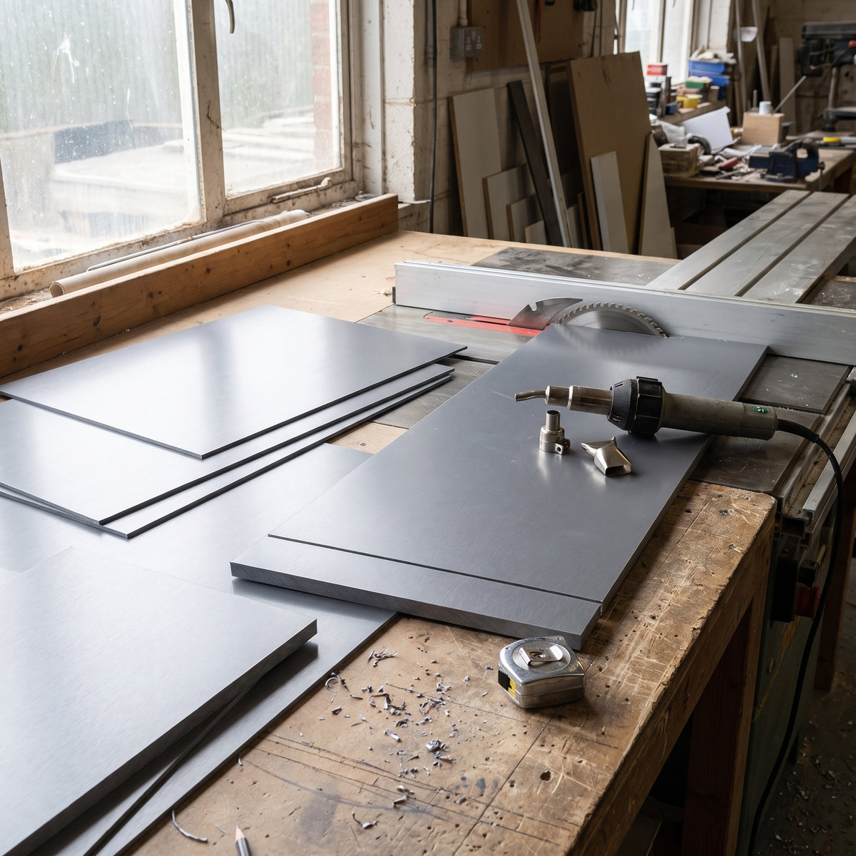 Grey PVC sheets being cut to size on a panel saw in a plastics fabrication workshop, with a hot-air plastic welding gun ready for fabrication