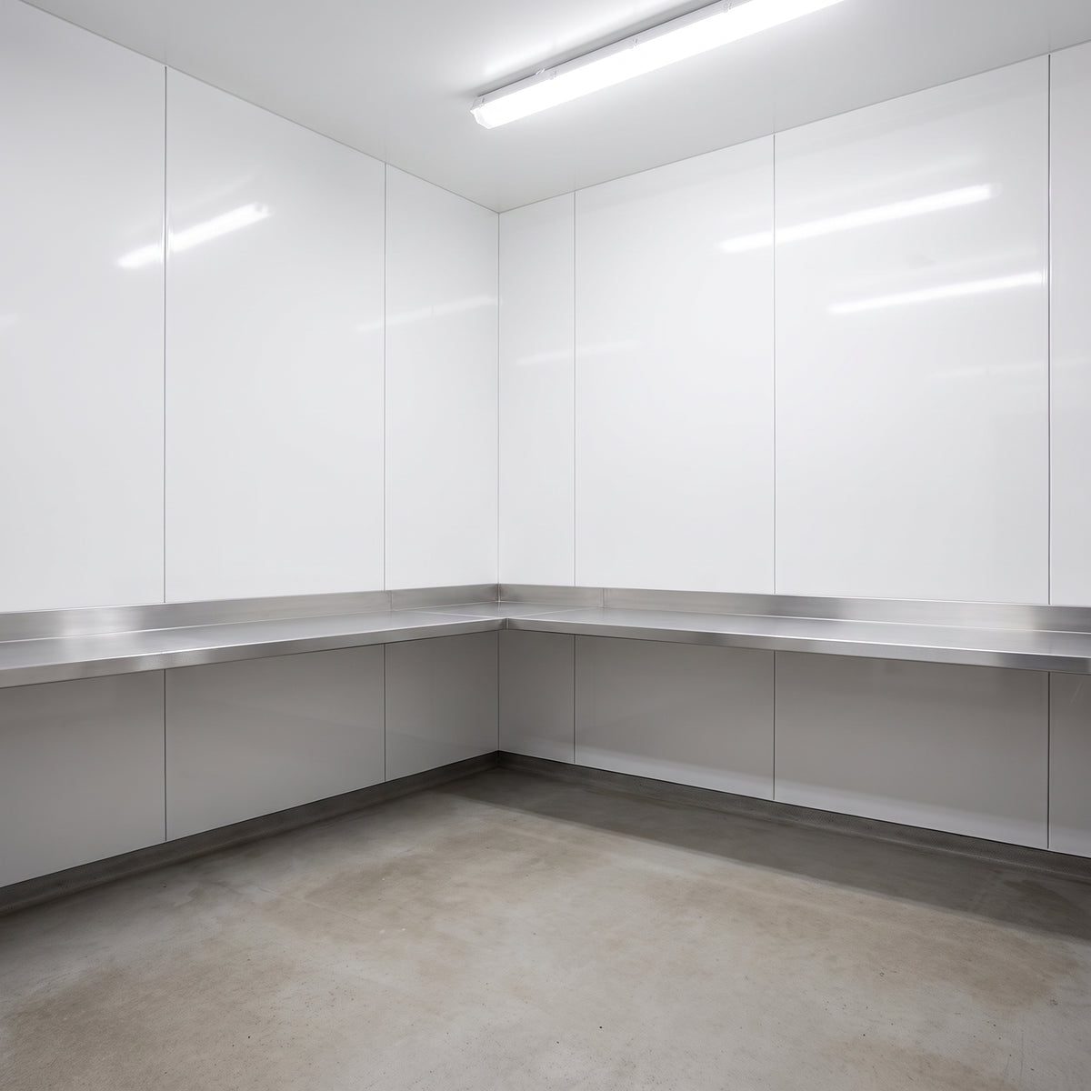 Hygienic PVC cladding sheets fitted floor to ceiling in a commercial kitchen prep area