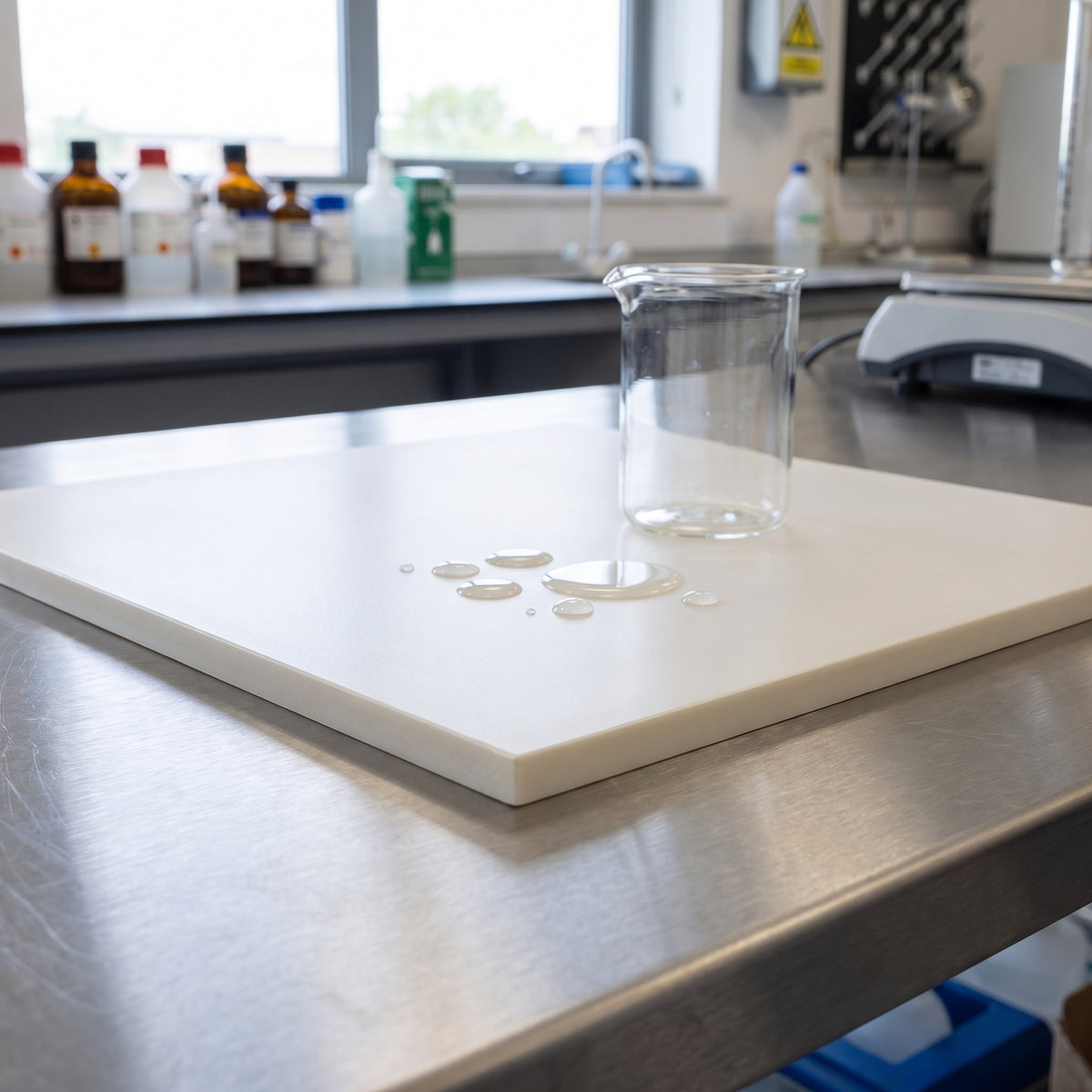 Natural polypropylene sheet on a laboratory bench with liquid beading on its chemical-resistant, non-absorbent surface