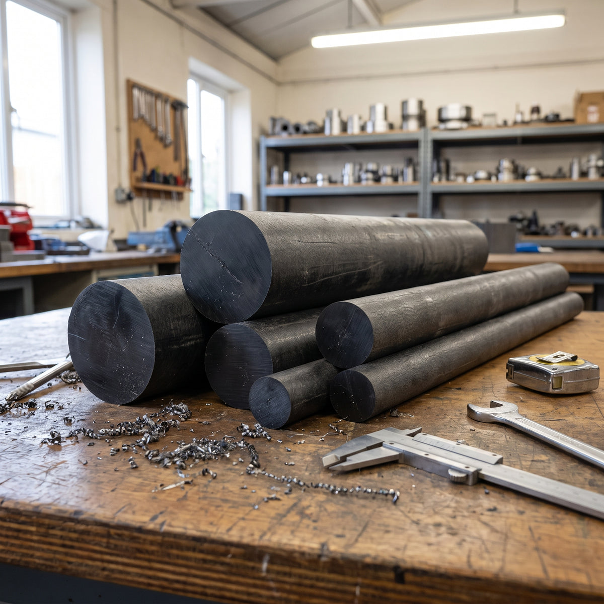 Nylatron GSM black-grey nylon 6 rods in a range of diameters on a workshop bench