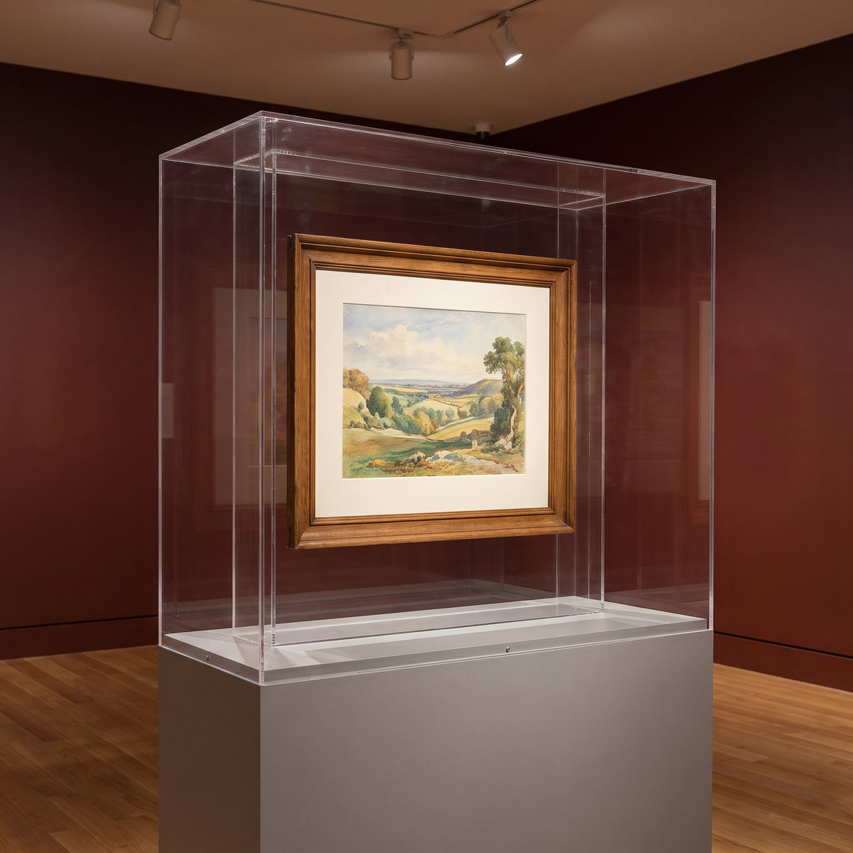 Watercolour protected in a museum display case made with UV-filtering Perspex VA acrylic