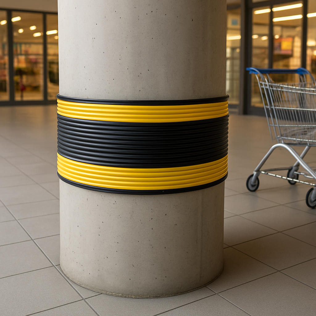Black and yellow PVC column protector strip wrapped around concrete pillar in UK retail car park - flexible ribbed profile