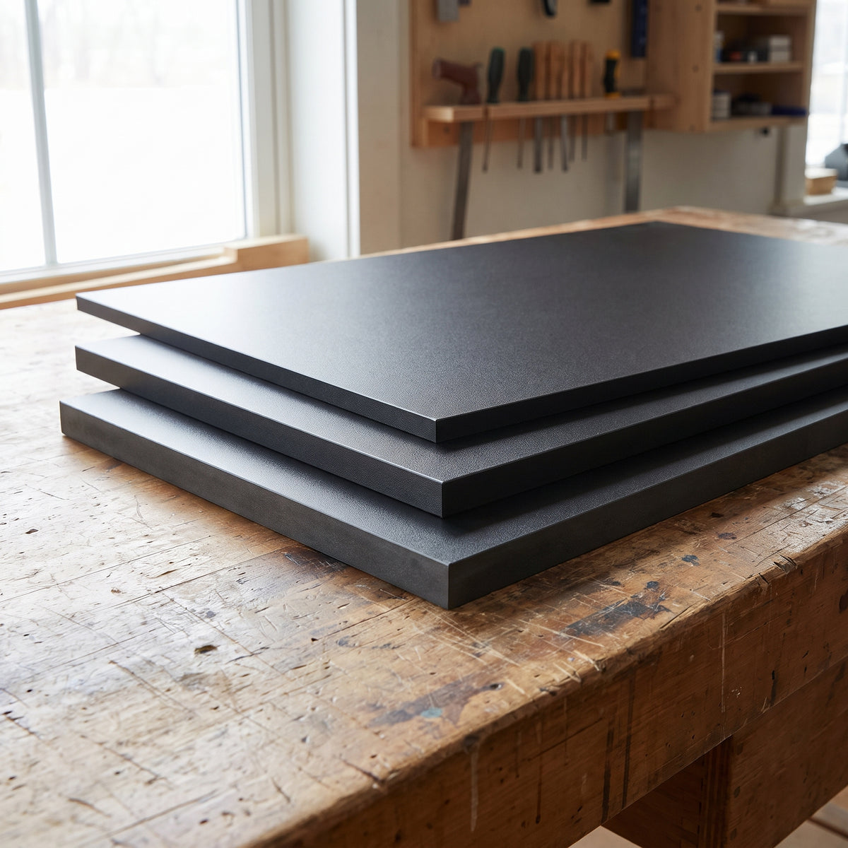 Tufnol 1P/13 SRBP sheets in three thicknesses on a wooden workshop bench
