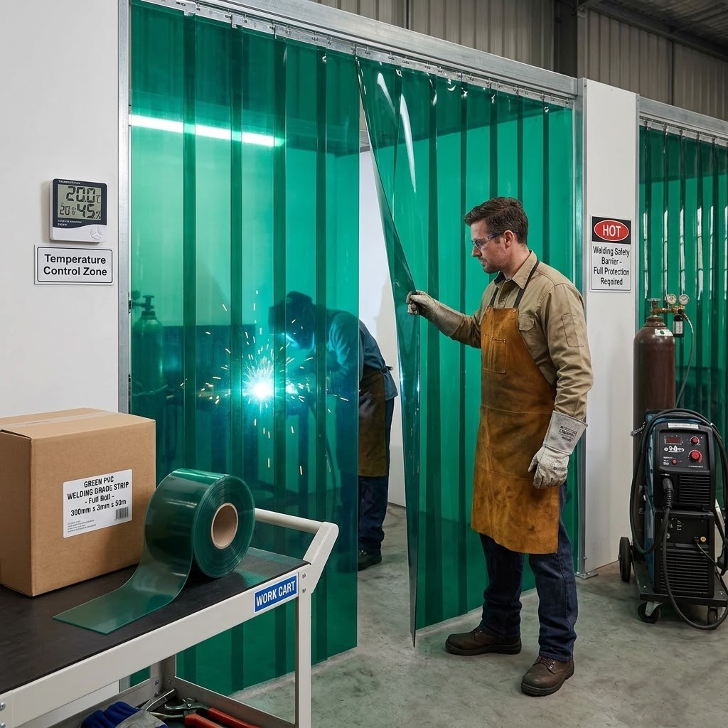 Welding Grade PVC Green Strip 300mm x 2mm Full Roll for Temperature control & safety barriers - UK Engineering Plastics