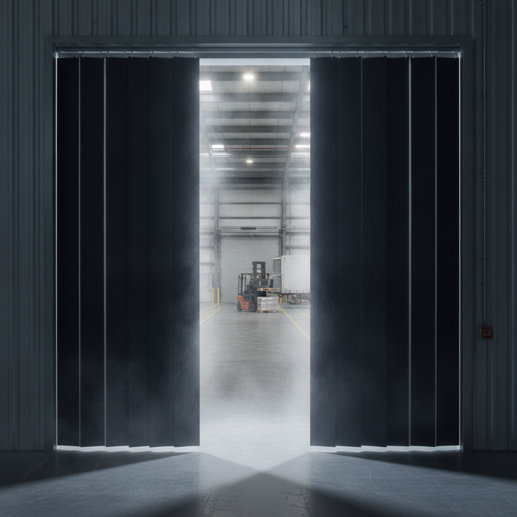 Black opaque PVC strip curtains on cold store freezer doorway — thermal insulation and blackout