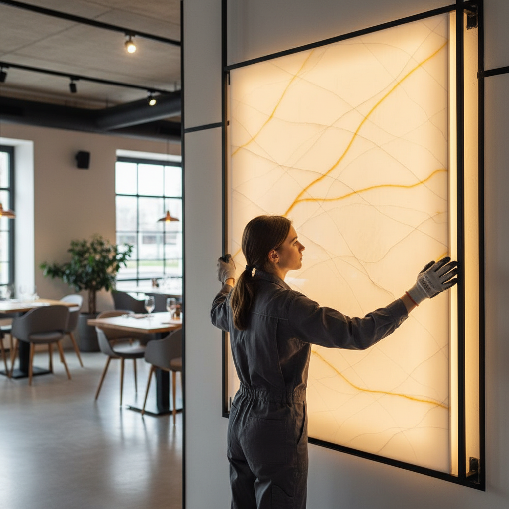 Premium Faux Translucent Stone Sheet - Elegant White with Orange Vein for Interior Design Applications