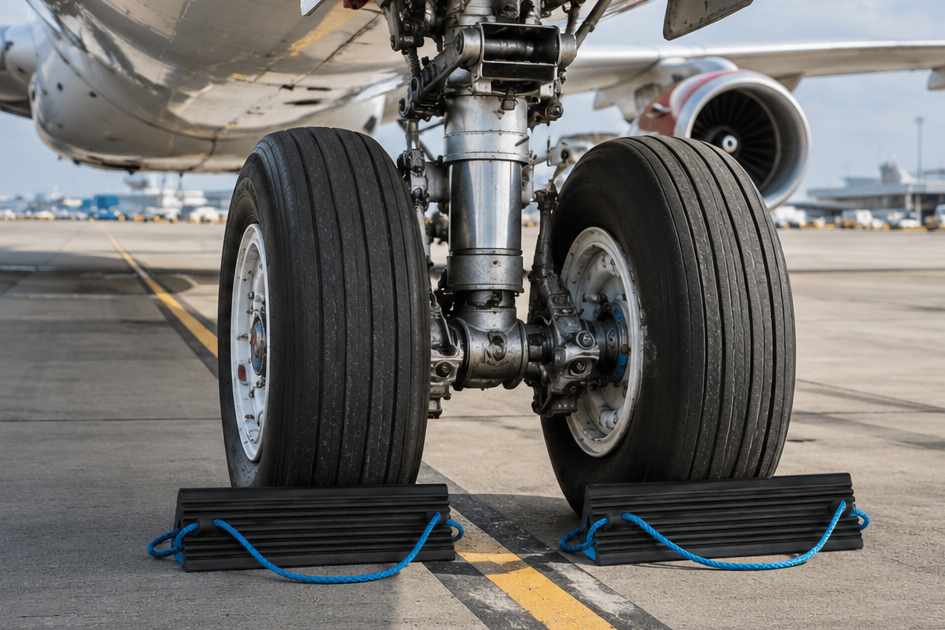 Aircraft Wheel Chocks | Heavy Duty Rubber | Double Rope Handle |