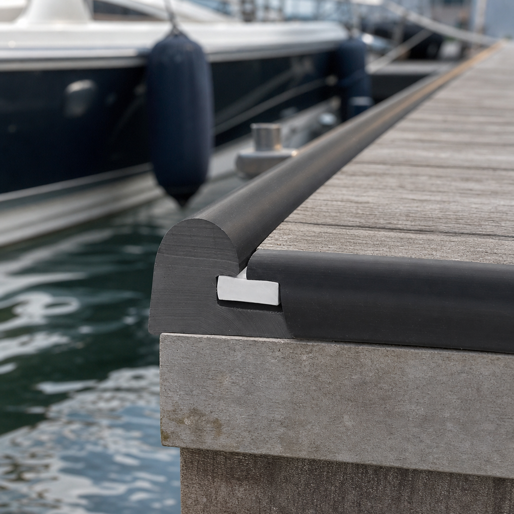 Black PVC B Fender with Fixing Strip 42.7mm x 16mm – 15m Coil