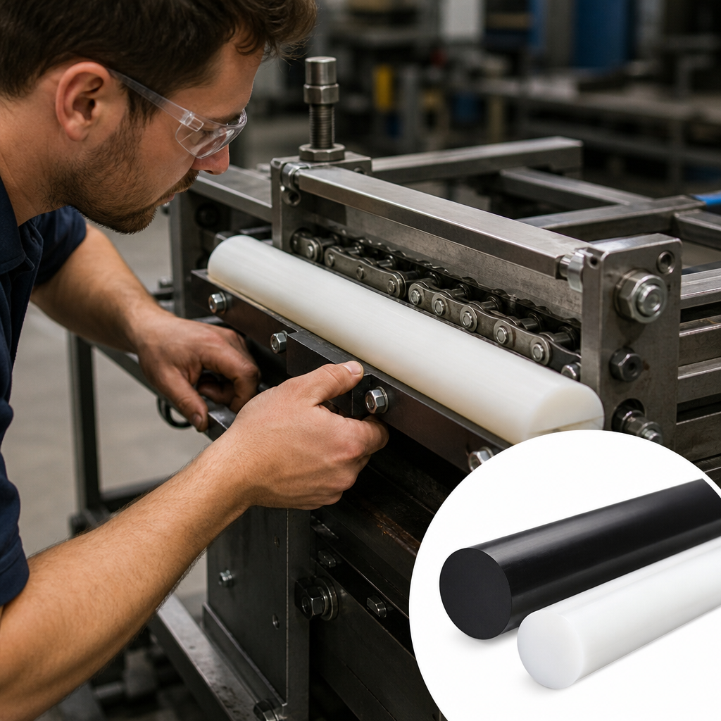 High Density Polyethylene Natural (milky-white) / Black Rod 55mm to 90mm dia for Chain guides & impact-resistant parts