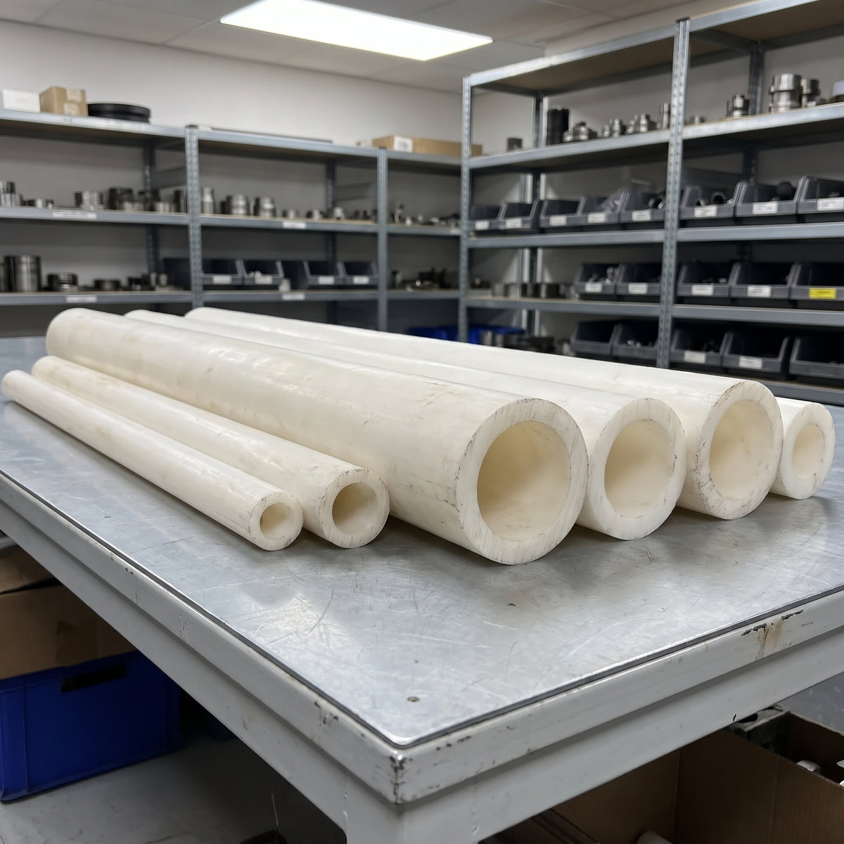 Natural acetal (POM-C) tube in a range of OD x ID sizes on a workbench