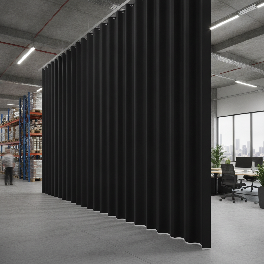Solid black PVC strip curtains dividing UK warehouse — noise, dust and privacy zone barrier