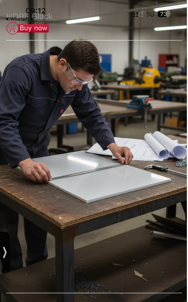 Light grey HDPE Sheet (Natural PE300) being measured and cut in UK engineering workshop