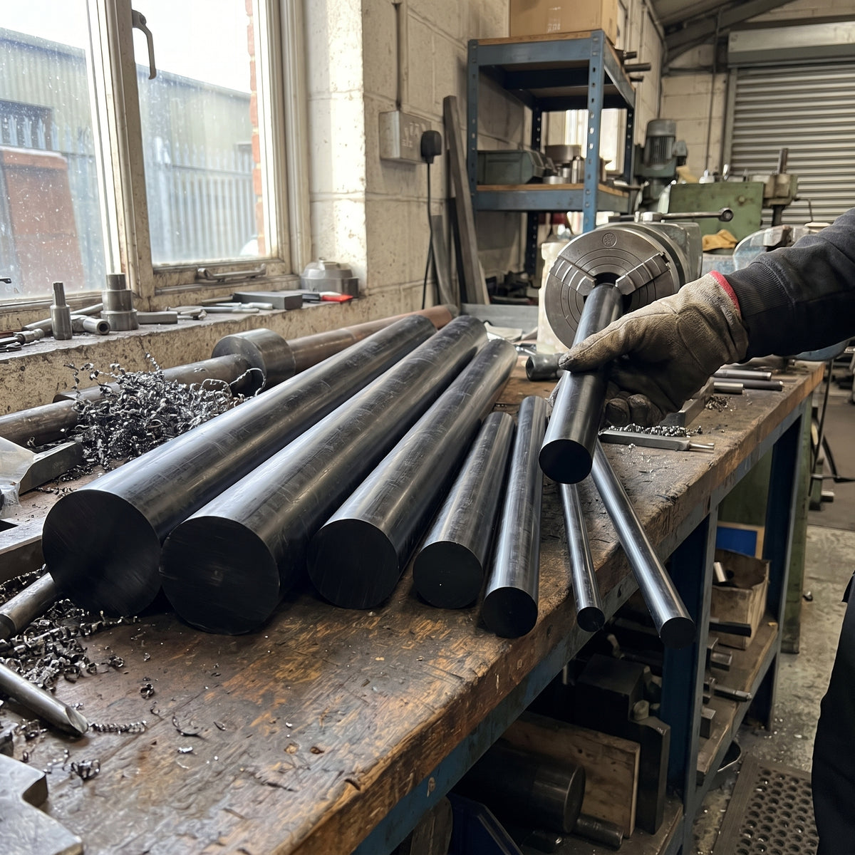 Black acetal homopolymer rods in a range of diameters on an engineering workbench