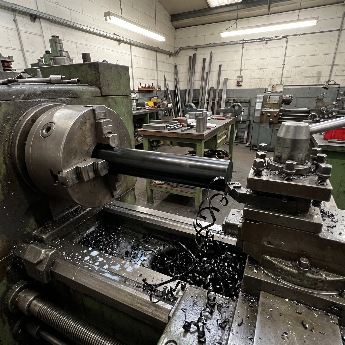 Black acetal homopolymer rod being turned on a lathe, black swarf curling off the cutting tool