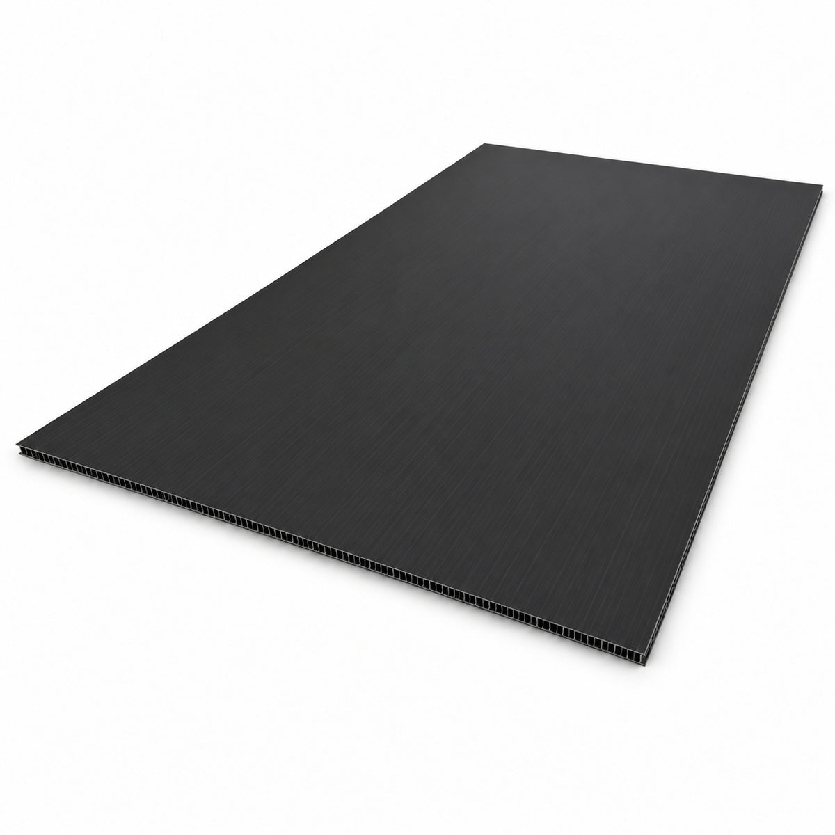 Black corrugated polypropylene sheet with a thin twin-wall edge — studio product illustration