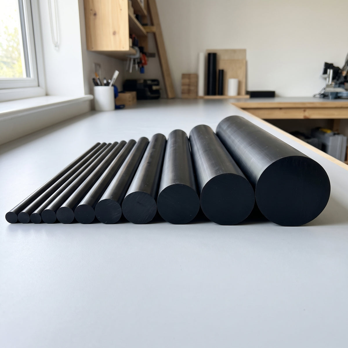 Black HDPE rod in a range of diameters from 10mm to large round bar, cut ends showing solid black PE300
