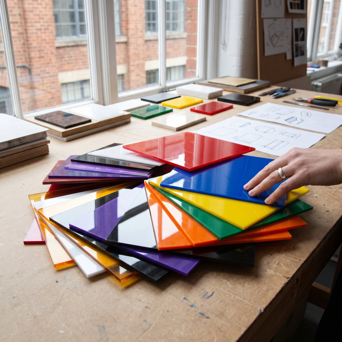 Coloured Perspex acrylic sheets fanned out in red, blue, yellow, green, orange, violet, black and white