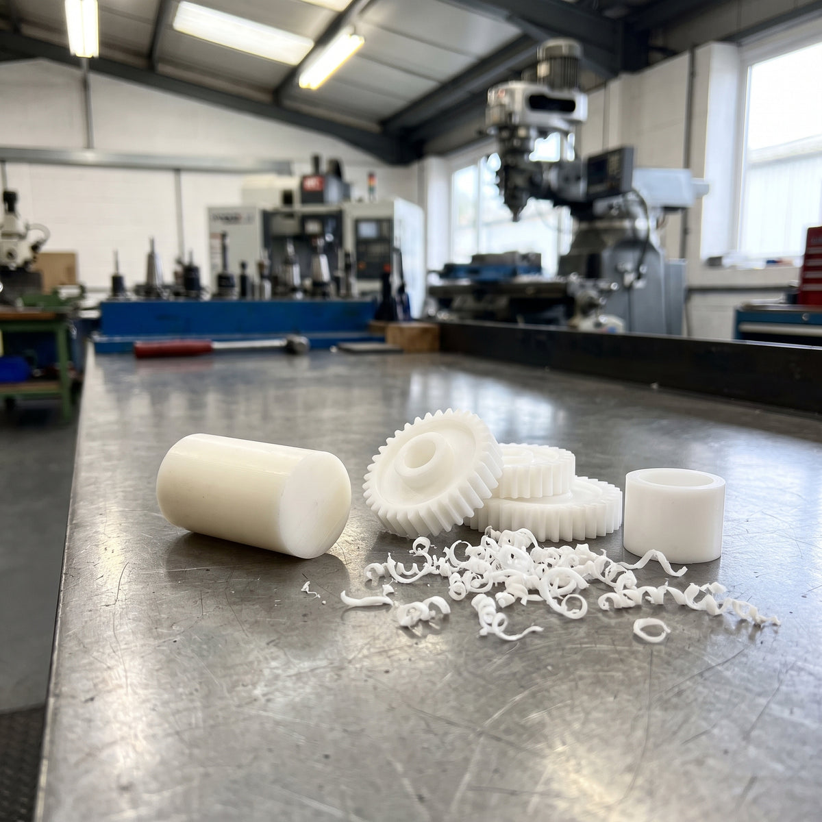 Gears and bush machined from white Delrin acetal rod on a workshop bench