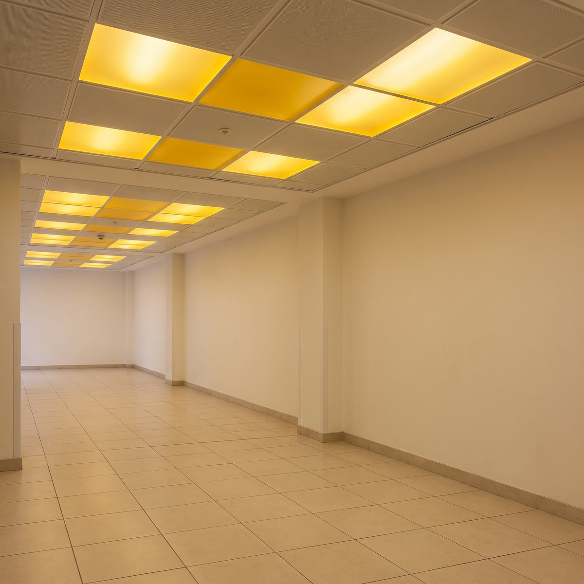 Saffron Yellow frosted Perspex acrylic sheet (S2 2T53) used as ceiling light panels