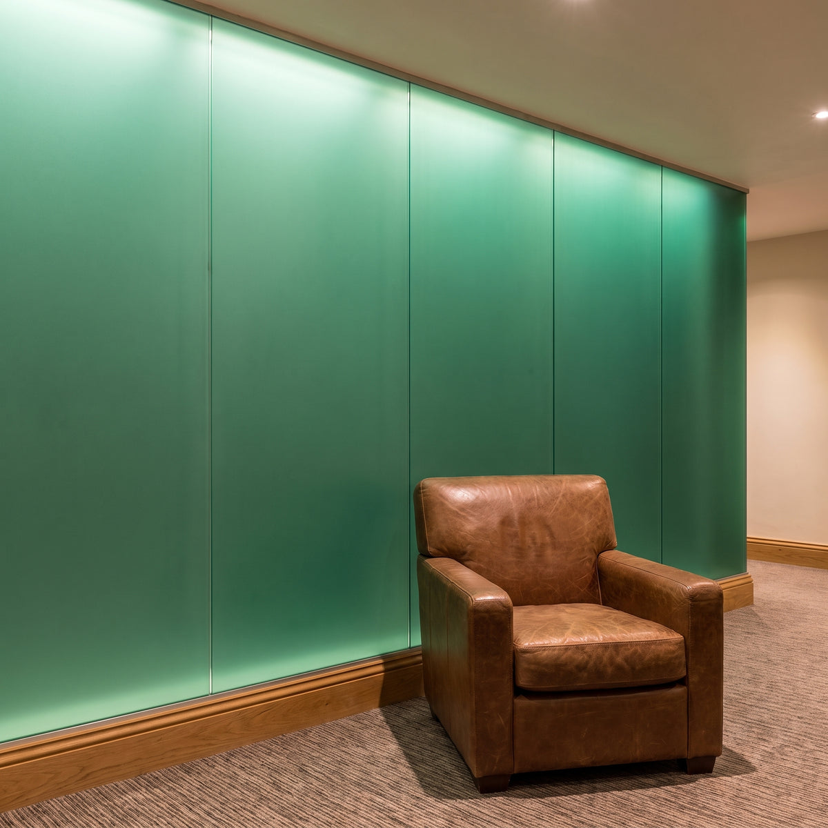 Emerald Green frosted Perspex acrylic sheet (S2 6T59) used as back-lit lobby wall panels