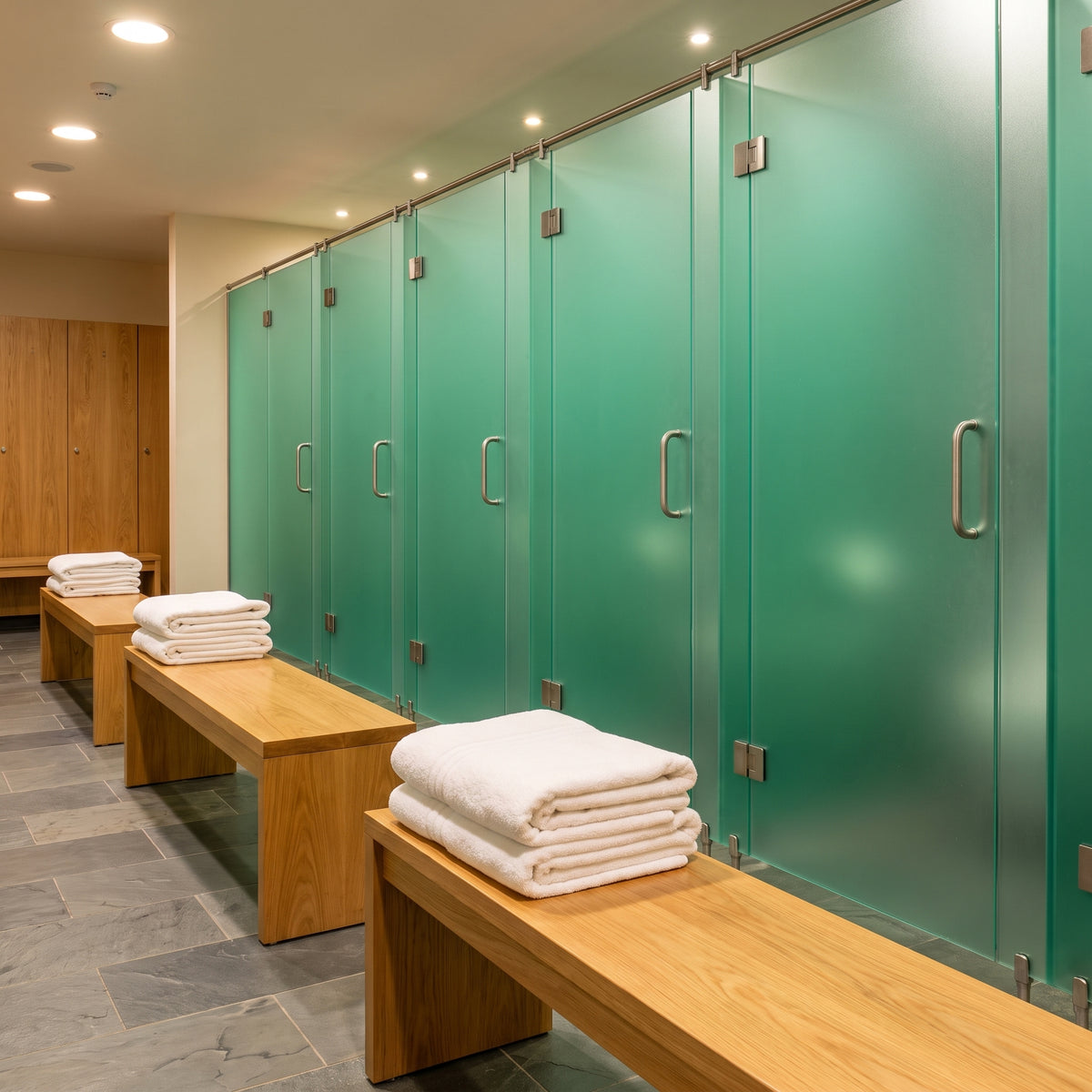 Jade Green frosted Perspex acrylic sheet (S2 6T7A) used as spa cubicle doors