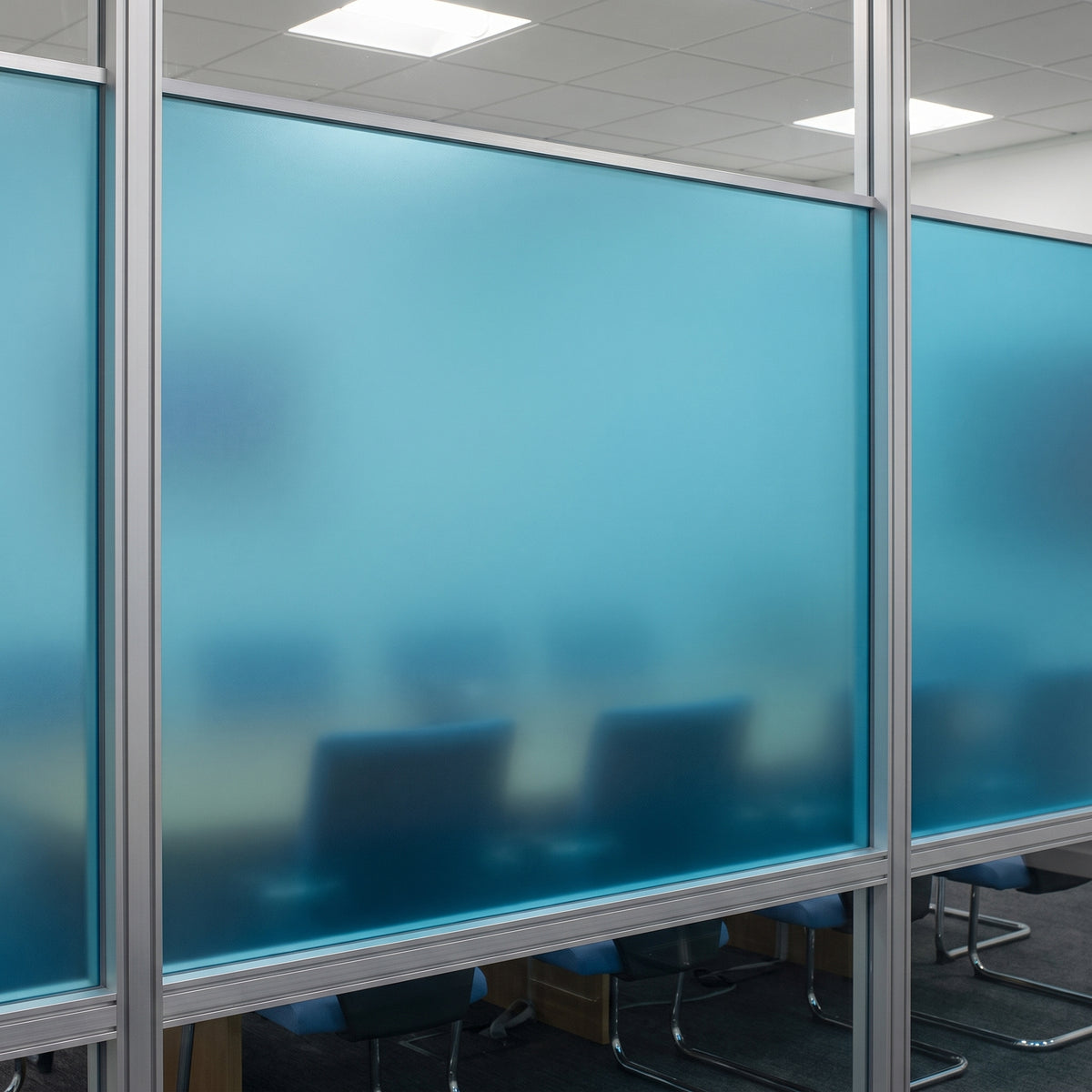 Azure Blue frosted Perspex acrylic sheet (S2 7T1F) used as meeting room glazing
