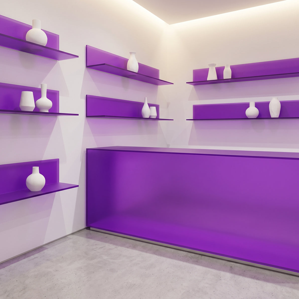 Aurora Violet frosted Perspex acrylic sheet (S2 7T58) used in a boutique interior