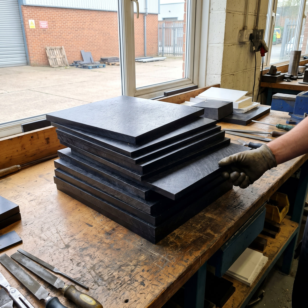Stack of black glass-filled nylon sheets in different thicknesses on a workshop bench