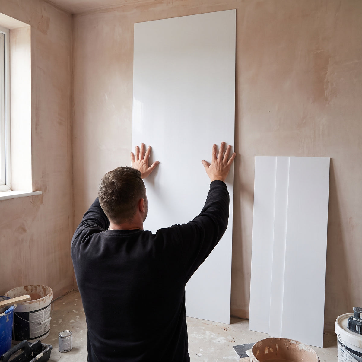 Installer fitting a full-height white hygienic PVC cladding sheet to a plastered wall