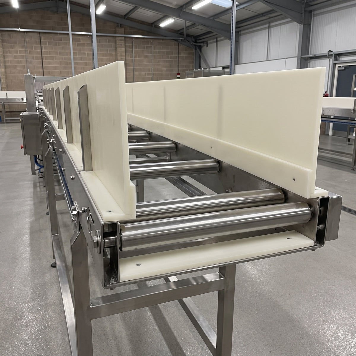 Natural HDPE guide rails and wear strips on a stainless steel food conveyor