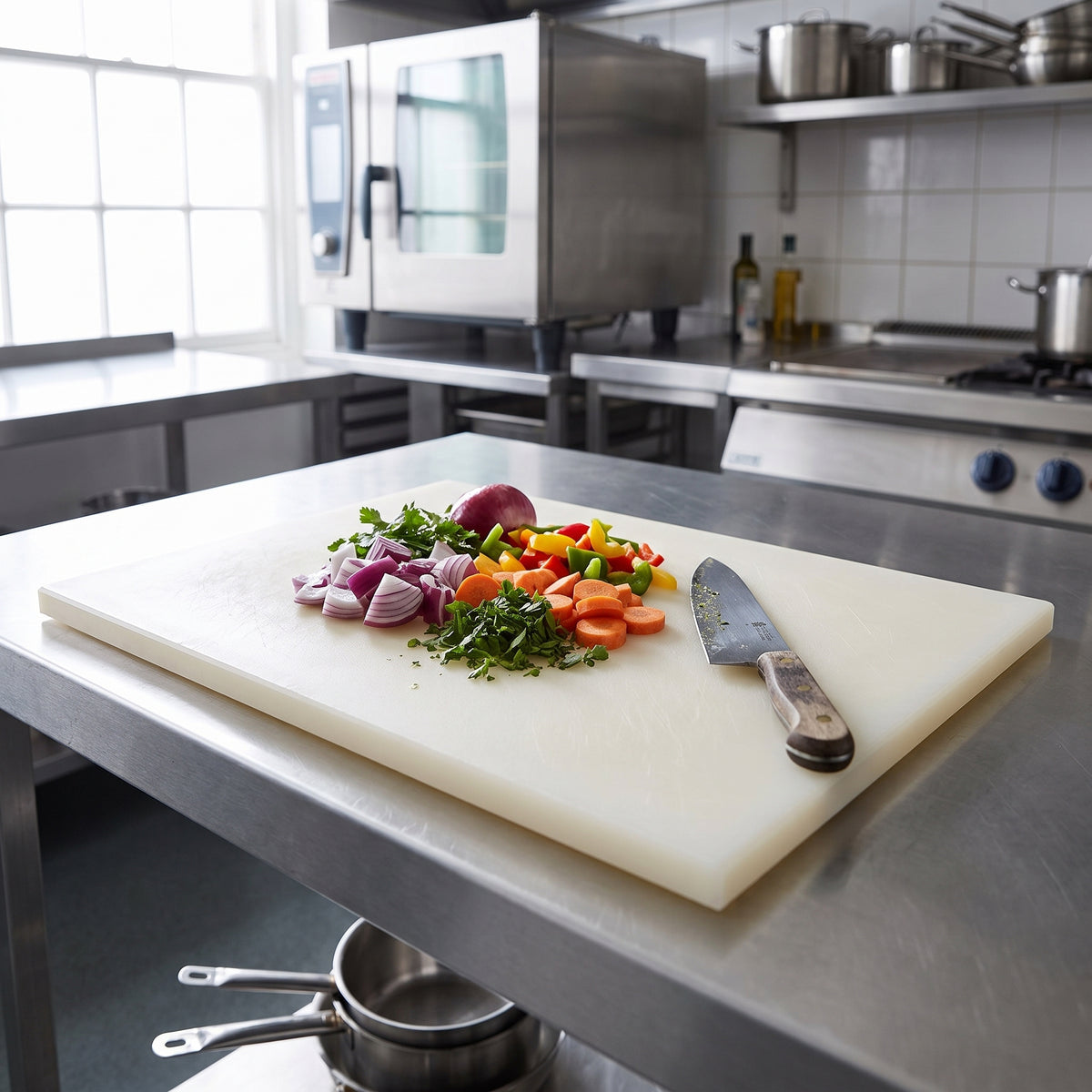 Natural HDPE chopping board with fresh vegetables in a commercial kitchen