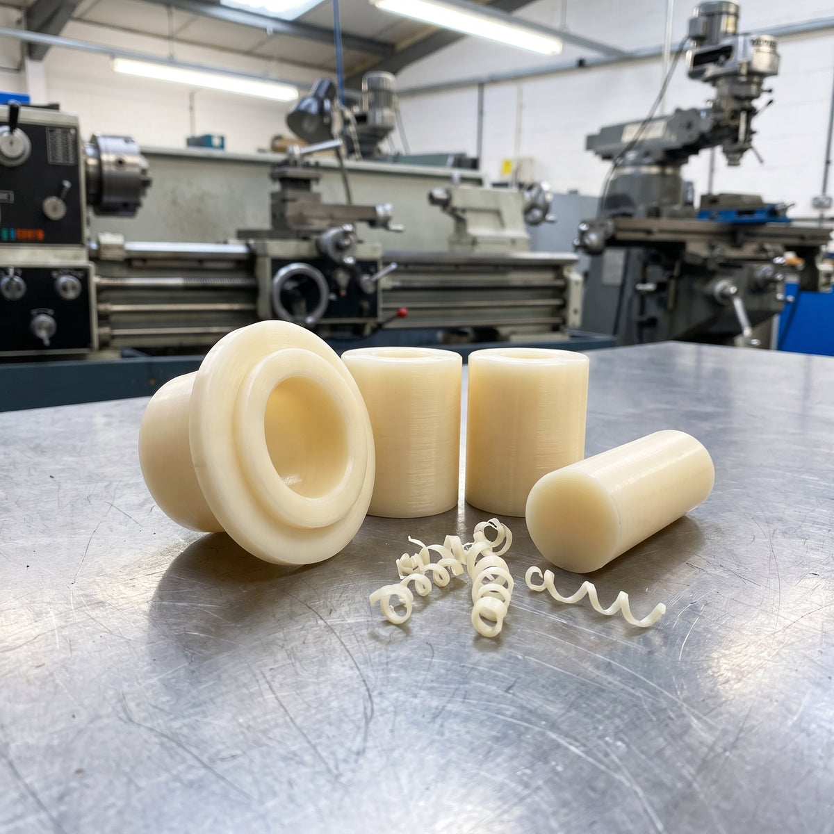 Bushes and rollers machined from natural Nylon 66 rod
