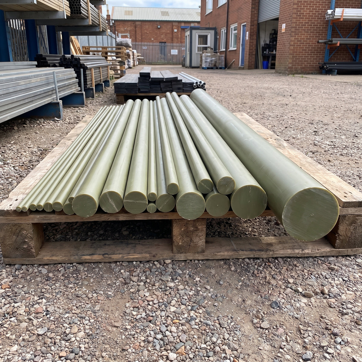 Khaki-green oil-filled nylon rods of different diameters on a pallet