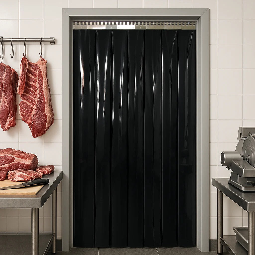 Solid black PVC strip curtains close up showing hook-on rail and opaque strips