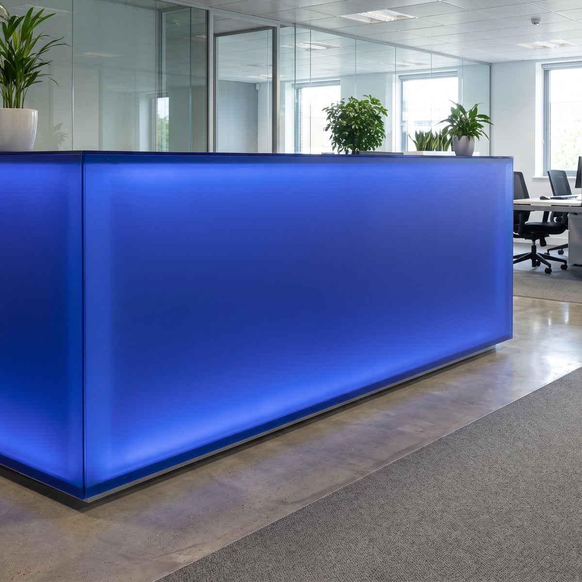 Blue 7033 translucent Perspex back-lit reception desk