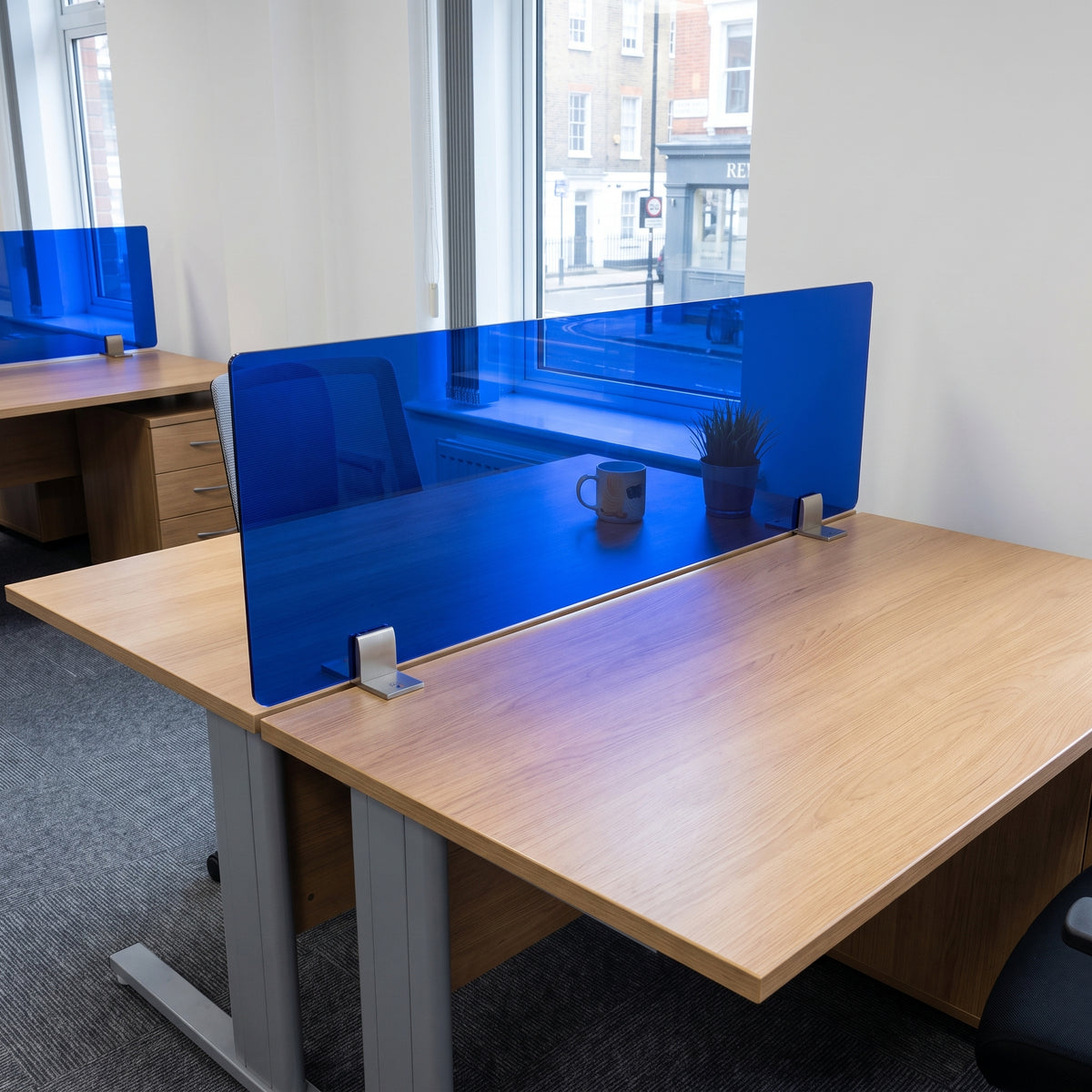 Blue 7703 transparent tinted Perspex desk screens