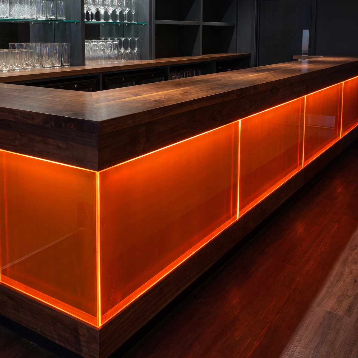 Fluorescent Lava Orange 3T19 Perspex bar front with glowing edges