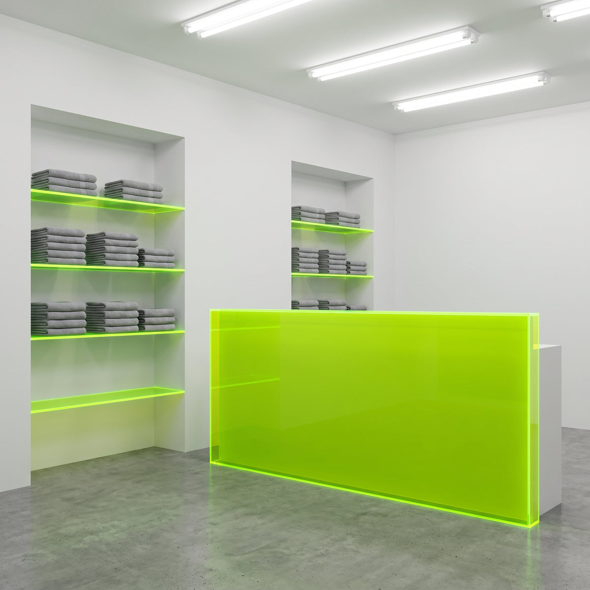 Fluorescent Acid Green 6T66 Perspex shelves and desk with glowing edges