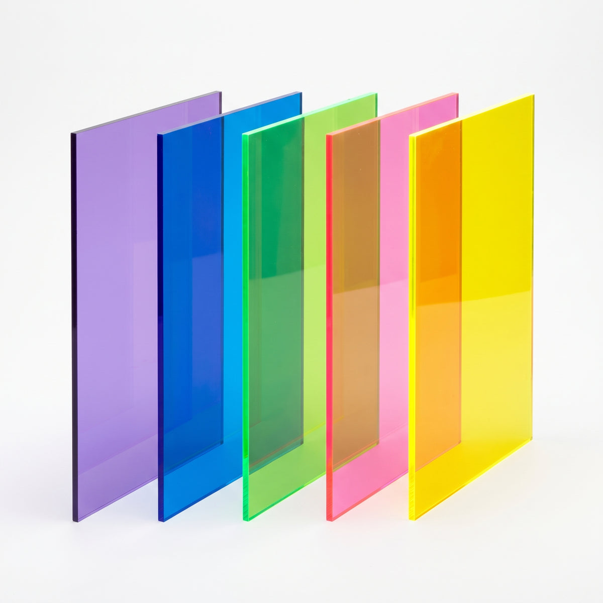 Perspex Vario sheets in violet, blue, green, pink and yellow with glowing fluorescent edges