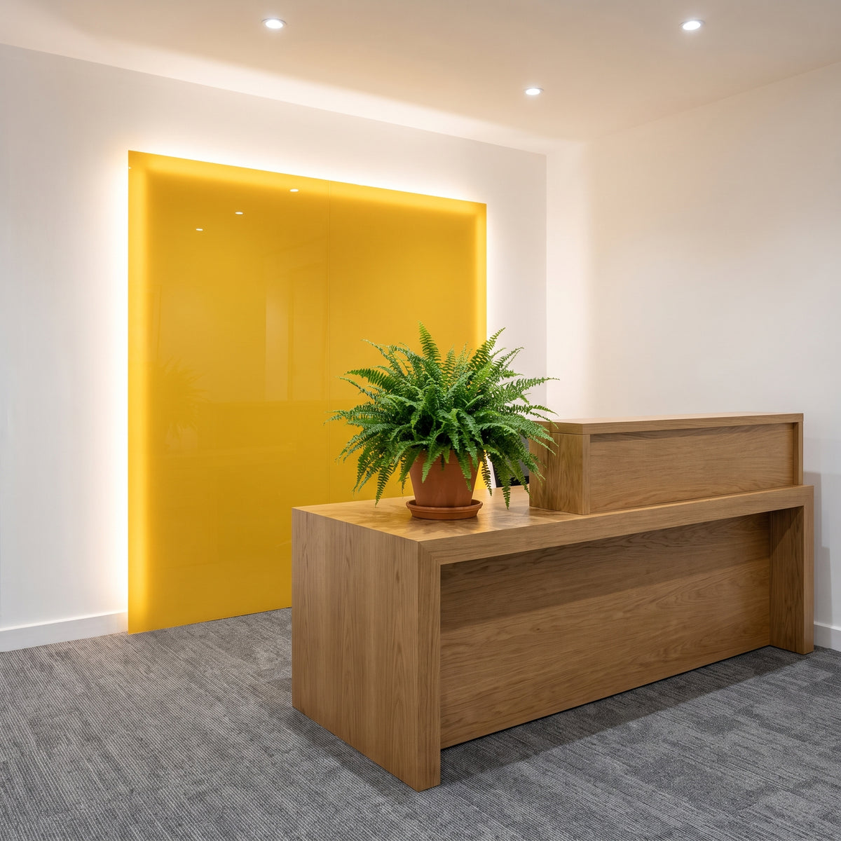 Yellow 261 back-lit Perspex reception wall