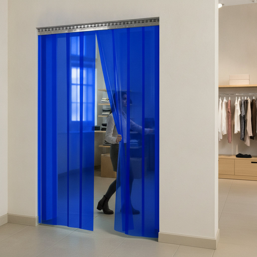 Blue PVC strip curtain used as retail shop backroom partition with hook-on stainless steel rail