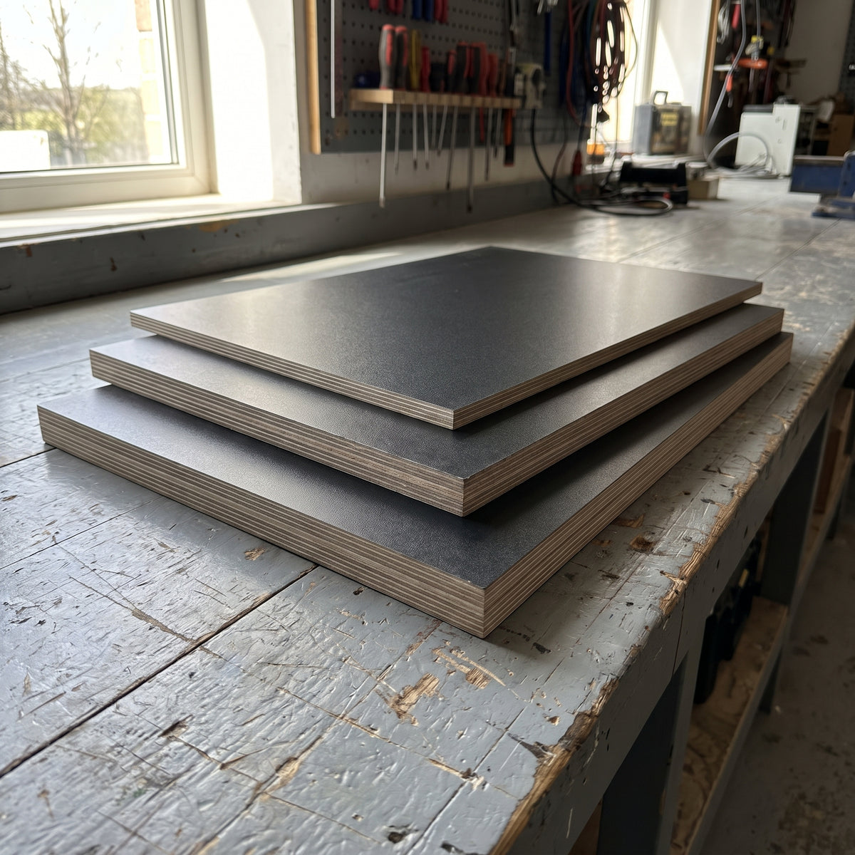 Tufnol Kite SRBP sheets in three thicknesses on an electrical workshop bench