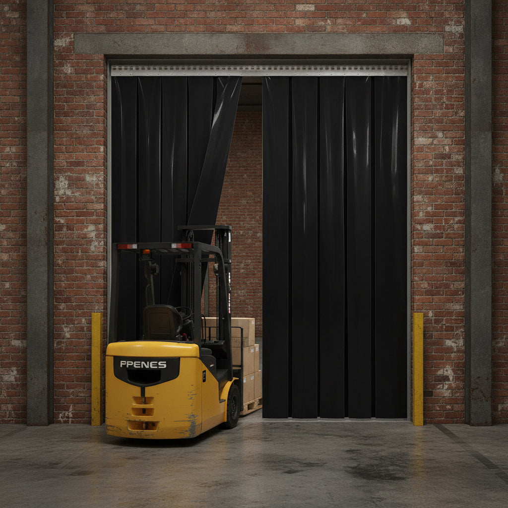 Solid black PVC strip curtains installed at warehouse doorway showing complete opacity